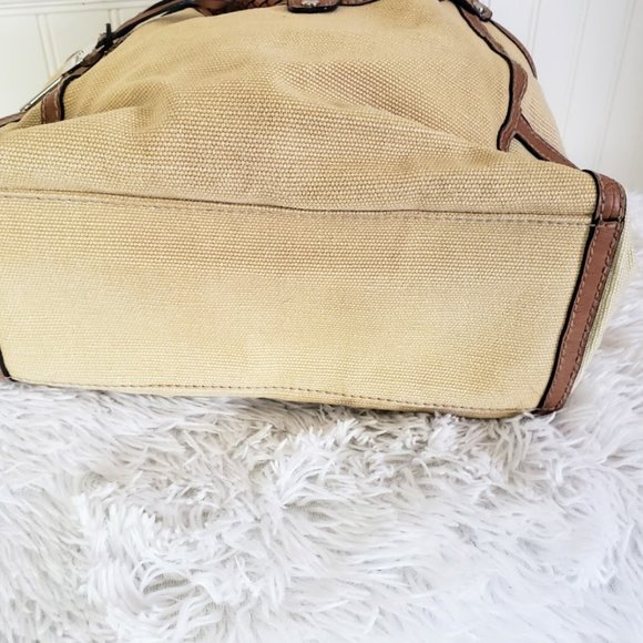 Fossil Womens Satchel Brown Fabric & Leather Braid Handles Key Charm Modern Vtg - Picture 5 of 16